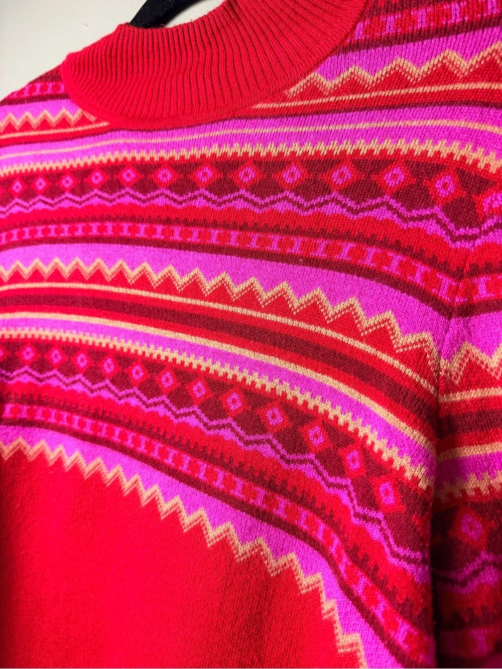 Isaac Mizrahi Bright Red Mock Neck Fair Isle Sweater Layered White Button Down